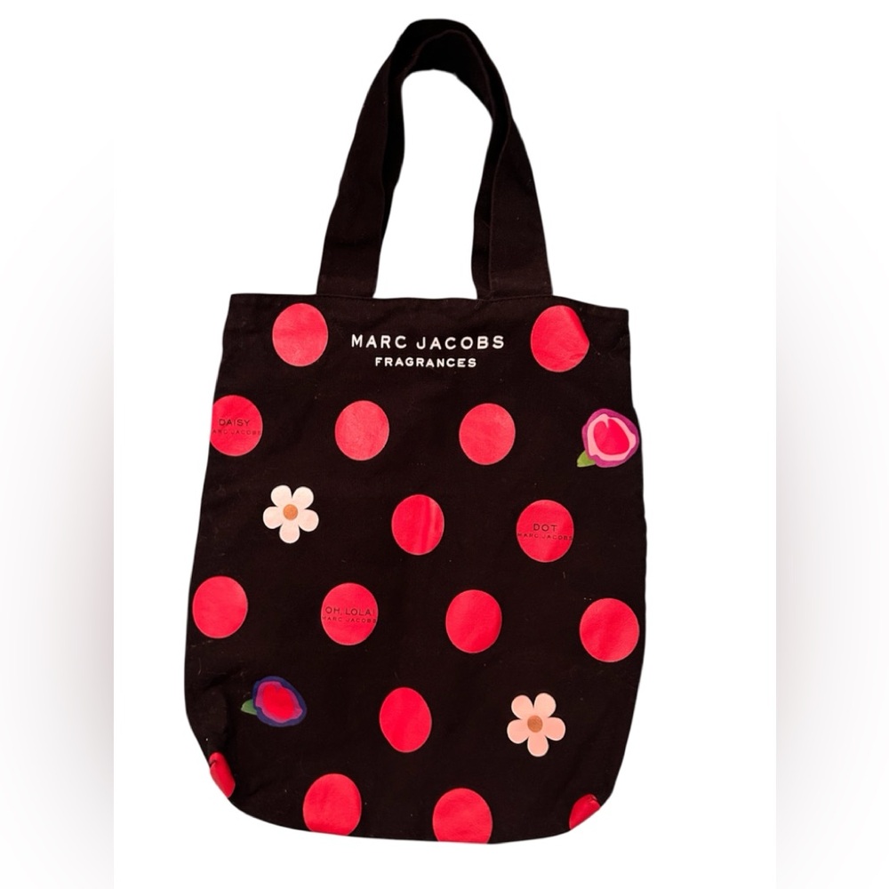 Marc Jacobs Black Canvas Tote with Red Polka Dots and Floral Accents